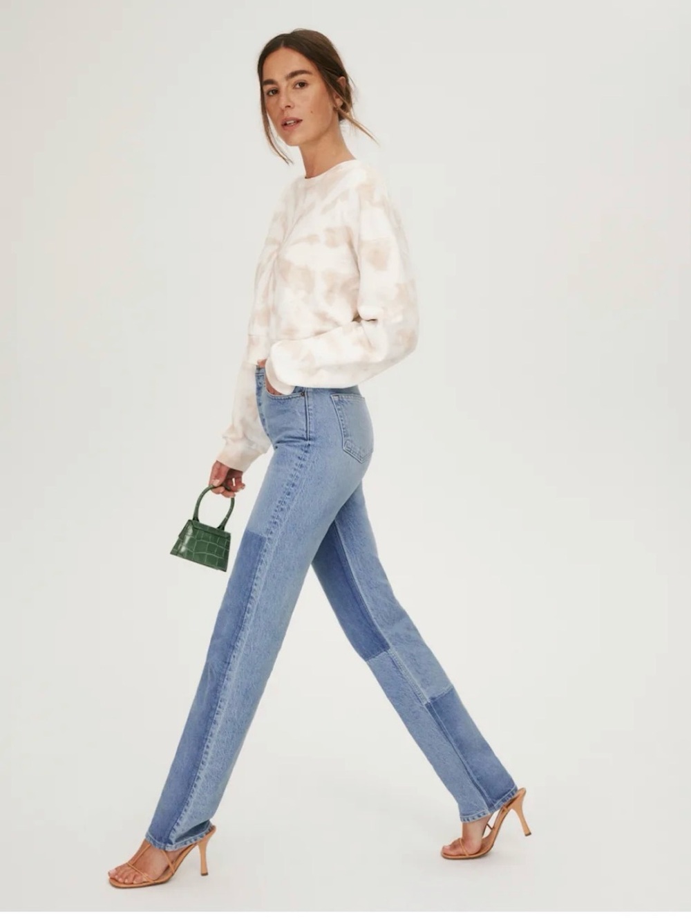 Reformation Cynthia Shadow High Rise Two-Tone Light Blue Straight Jeans $198